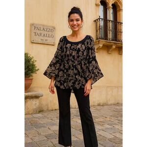 Essentials By Milano Womens Black Beige Floral Semi Sheer Lined Baby Doll Top 3X